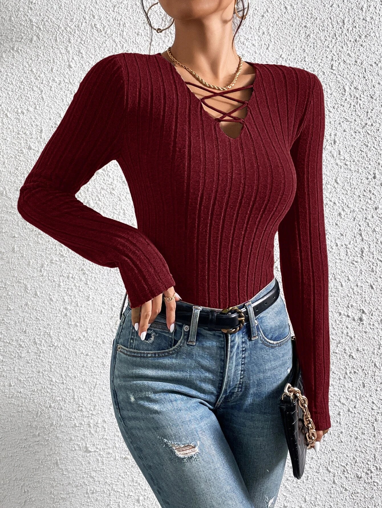 Buy SHEIN Essnce Crisscross Front Ribbed Knit Tee in Pakistan
