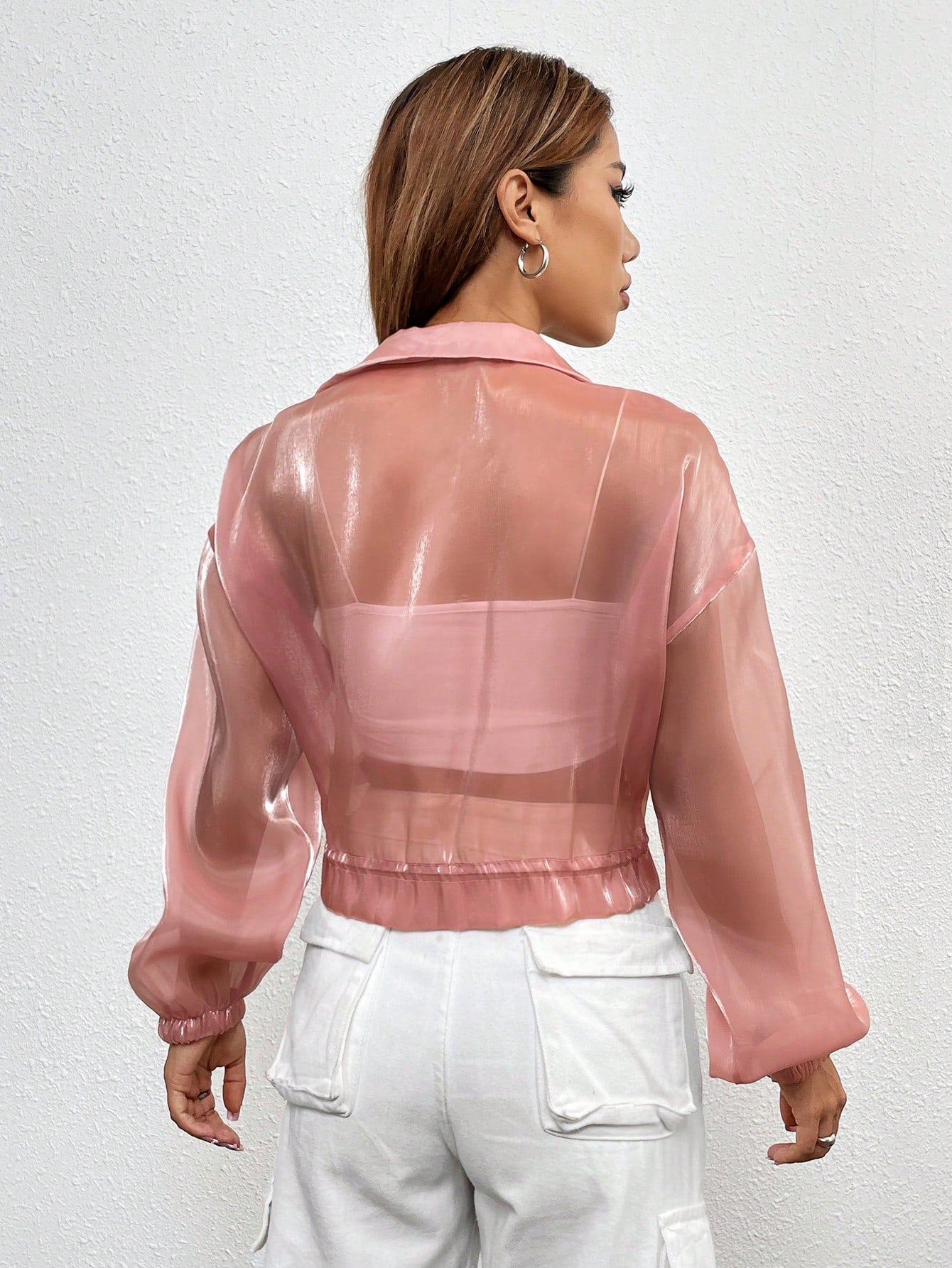 Buy SHEIN Essnce Flap Detail Drawstring Hem Drop Shoulder Mesh Jacket Without Cami Top in Pakistan