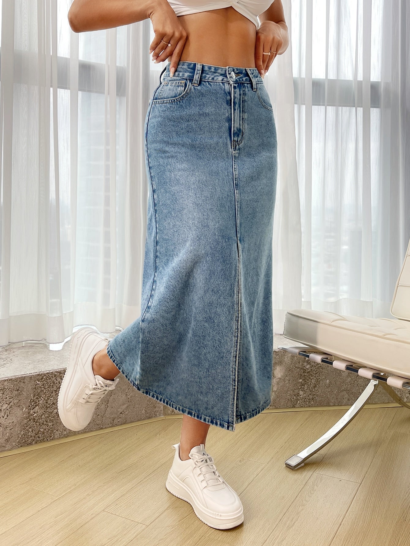 Buy SHEIN Essnce High Waist Split Thigh Denim Skirt in Pakistan