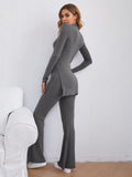 Buy SHEIN Essnce Mock-neck Split Side Rib-knit Tee and Flare Leg Pants Set in Pakistan