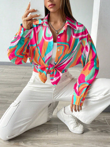 Buy SHEIN Essnce Printed Button-Down Long Sleeve Casual Shirt in Pakistan