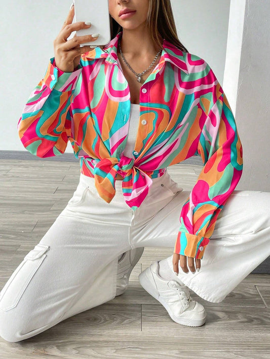 Buy SHEIN Essnce Printed Button-Down Long Sleeve Casual Shirt in Pakistan