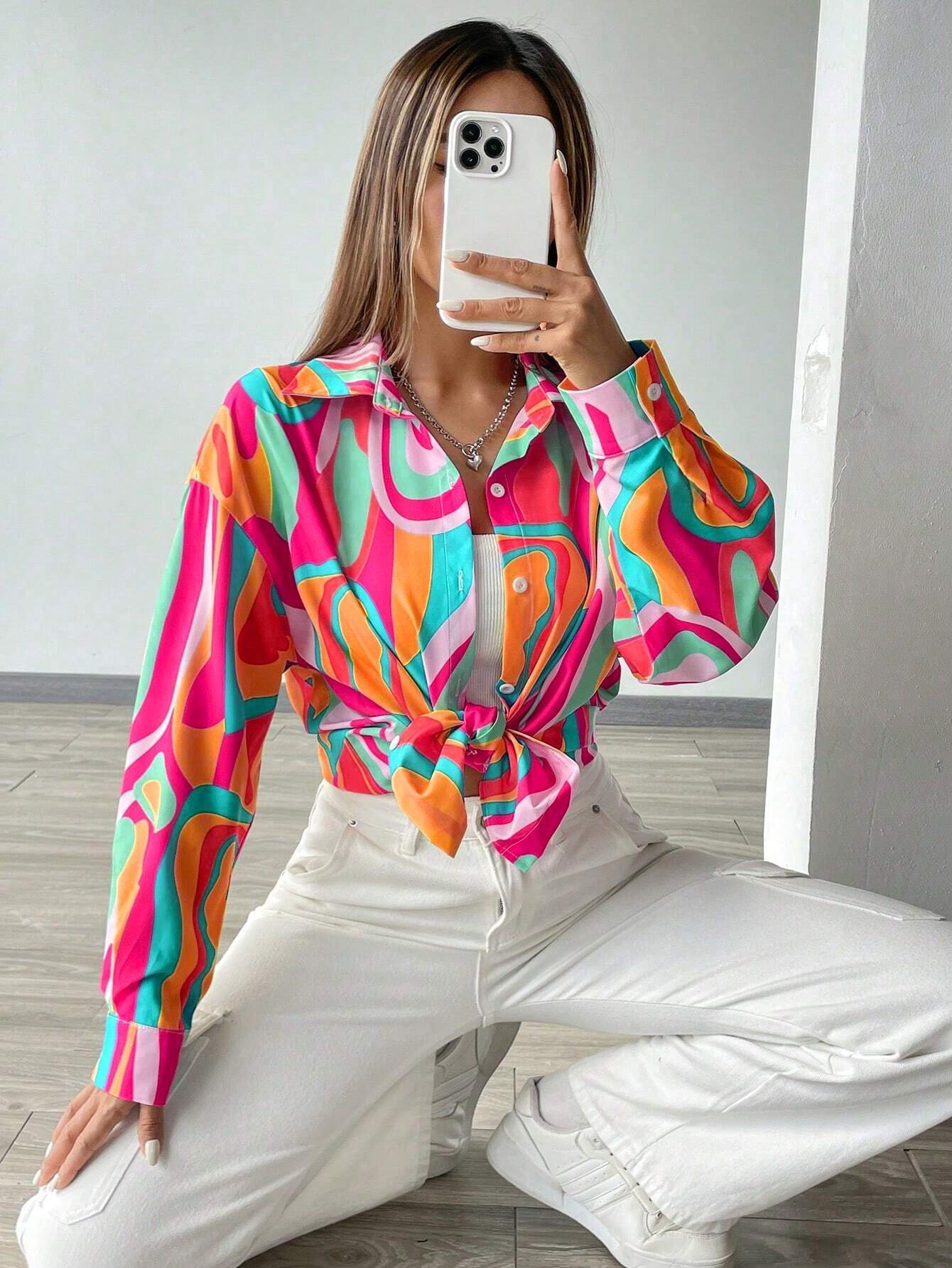 Buy SHEIN Essnce Printed Button-Down Long Sleeve Casual Shirt in Pakistan