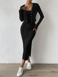 Buy SHEIN Essnce Ribbed Knit Button Front Top & Split Thigh Bodycon Dress in Pakistan