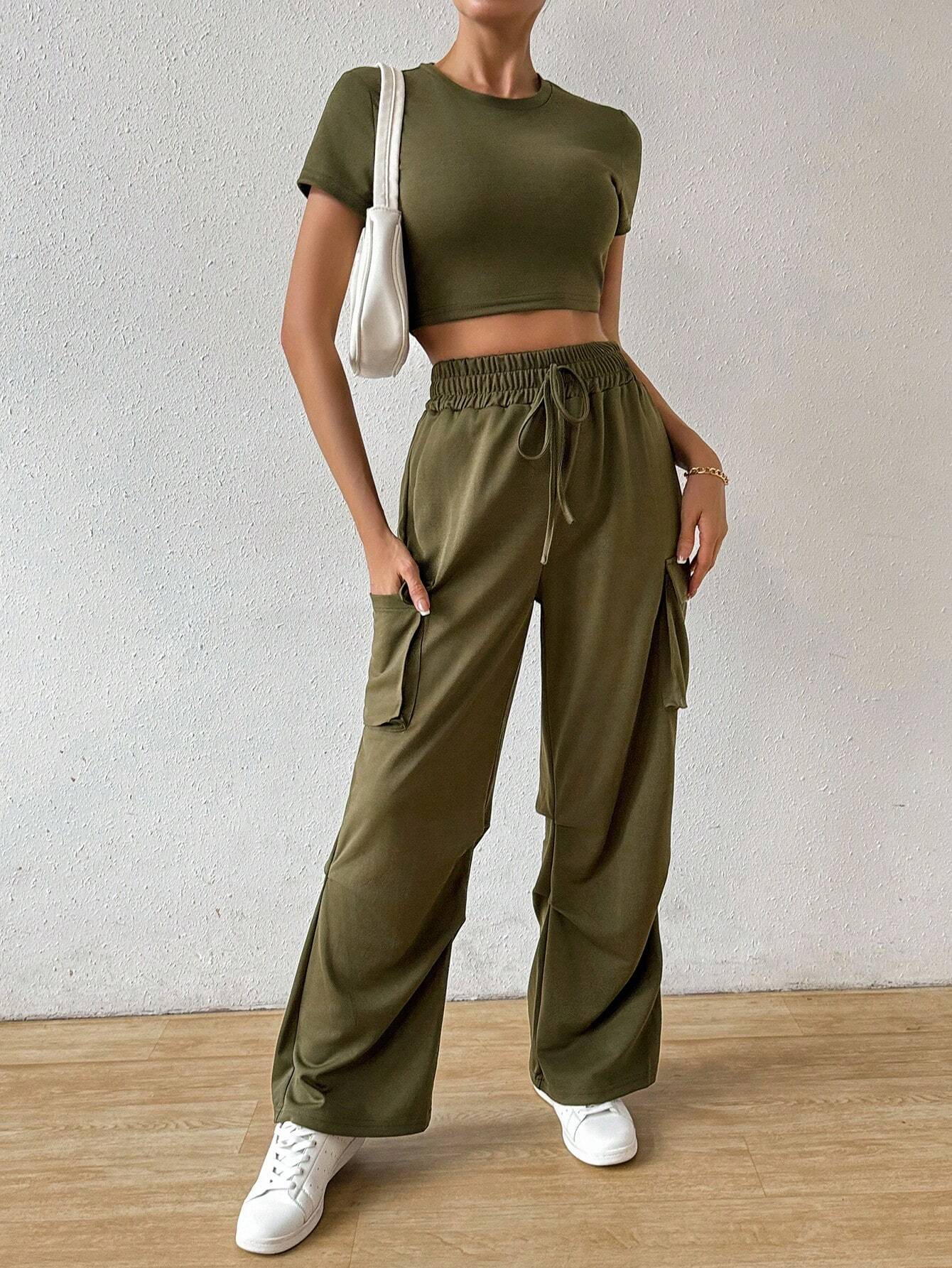 Buy SHEIN Essnce Solid Crop Tee & Flap Pocket Side Drawstring Waist Cargo Pants in Pakistan