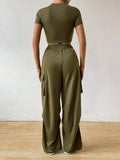 Buy SHEIN Essnce Solid Crop Tee & Flap Pocket Side Drawstring Waist Cargo Pants in Pakistan
