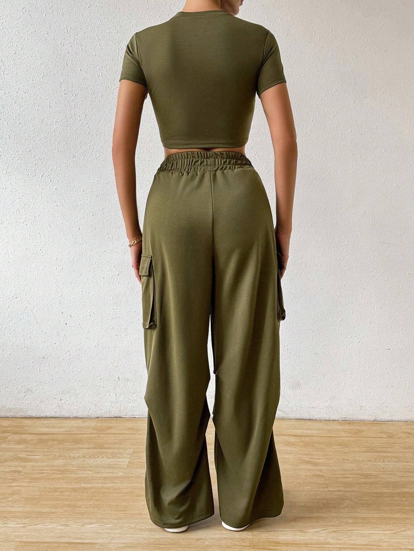 Buy SHEIN Essnce Solid Crop Tee & Flap Pocket Side Drawstring Waist Cargo Pants in Pakistan