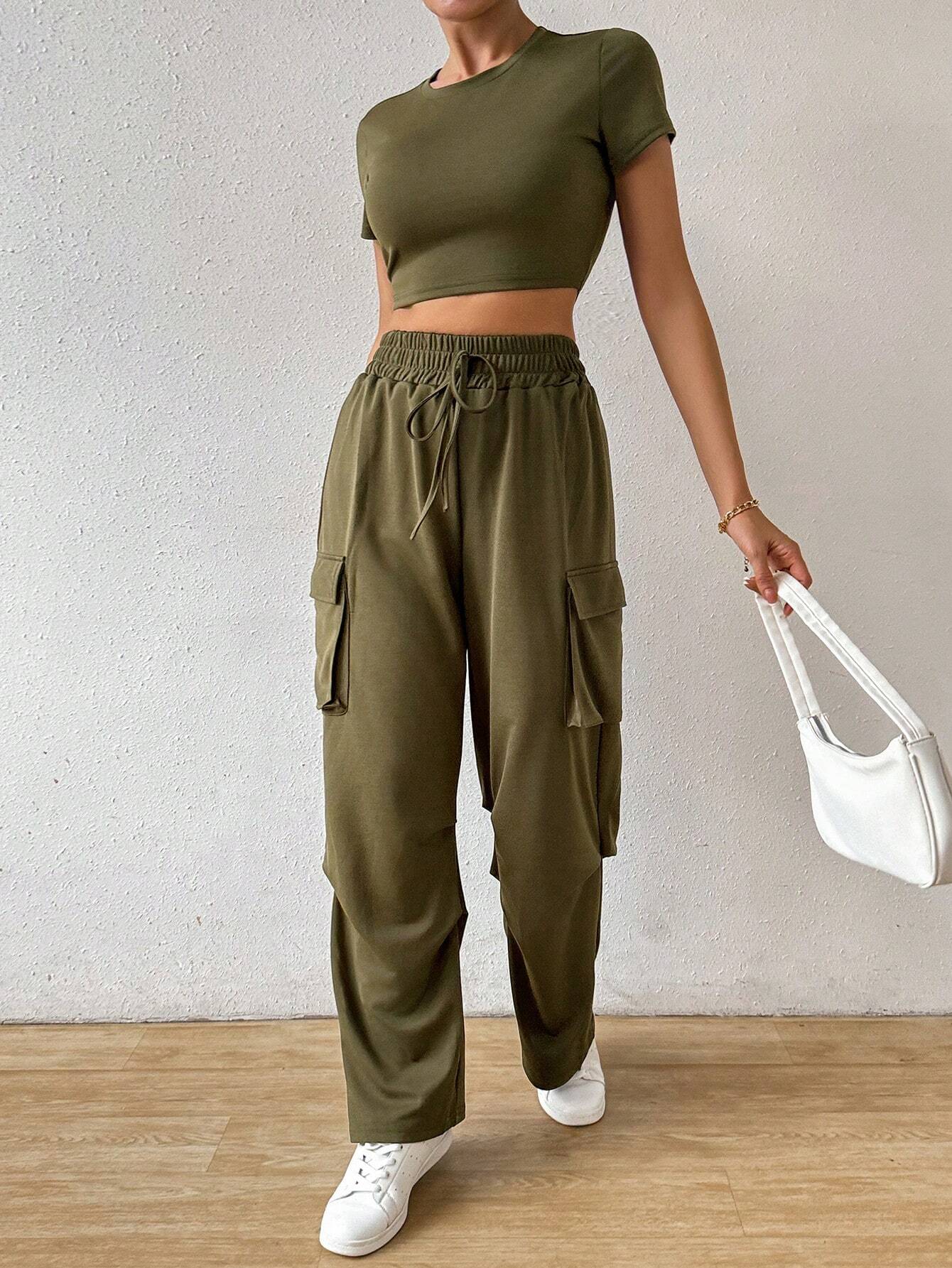 Buy SHEIN Essnce Solid Crop Tee & Flap Pocket Side Drawstring Waist Cargo Pants in Pakistan