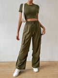 Buy SHEIN Essnce Solid Crop Tee & Flap Pocket Side Drawstring Waist Cargo Pants in Pakistan