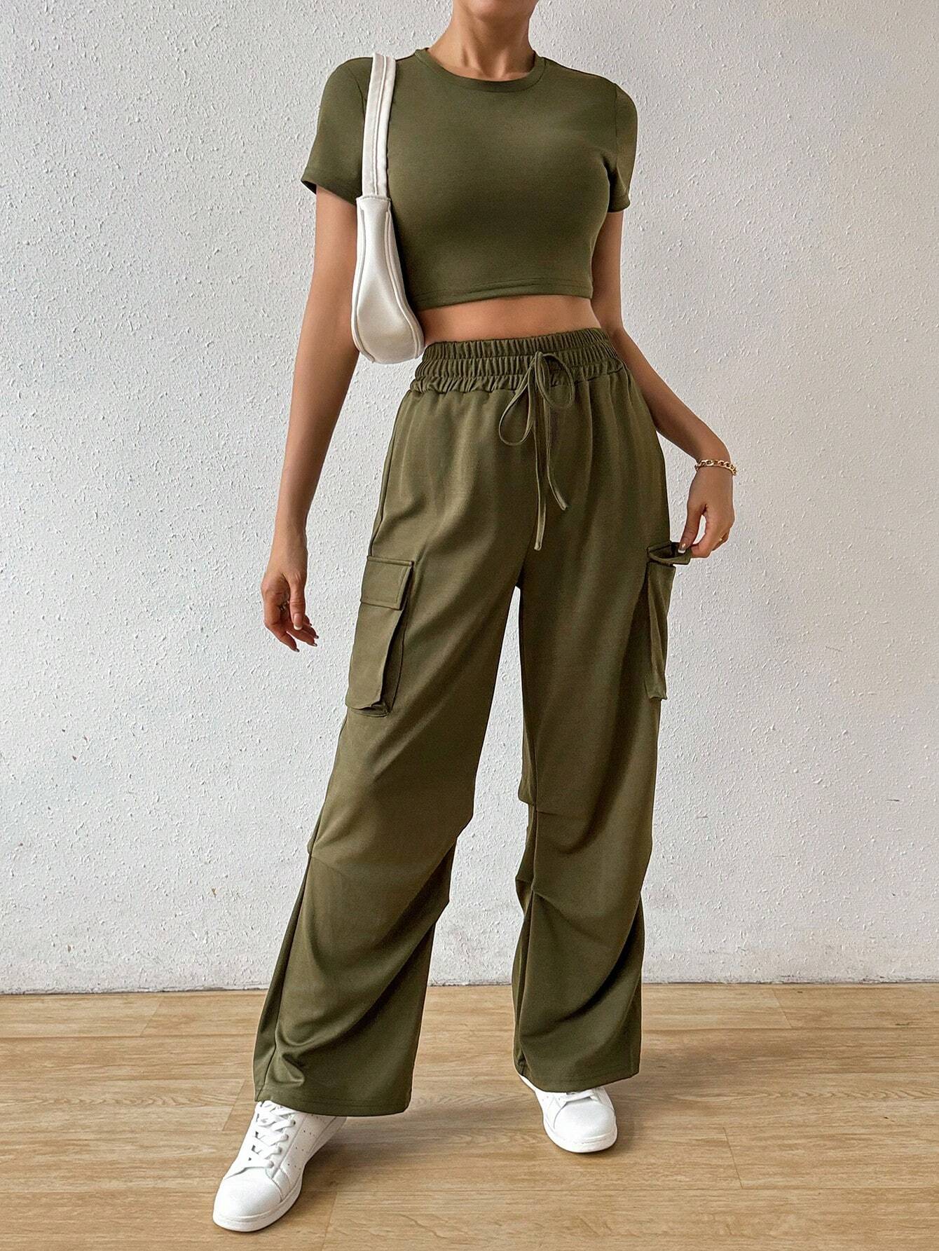Buy SHEIN Essnce Solid Crop Tee & Flap Pocket Side Drawstring Waist Cargo Pants in Pakistan