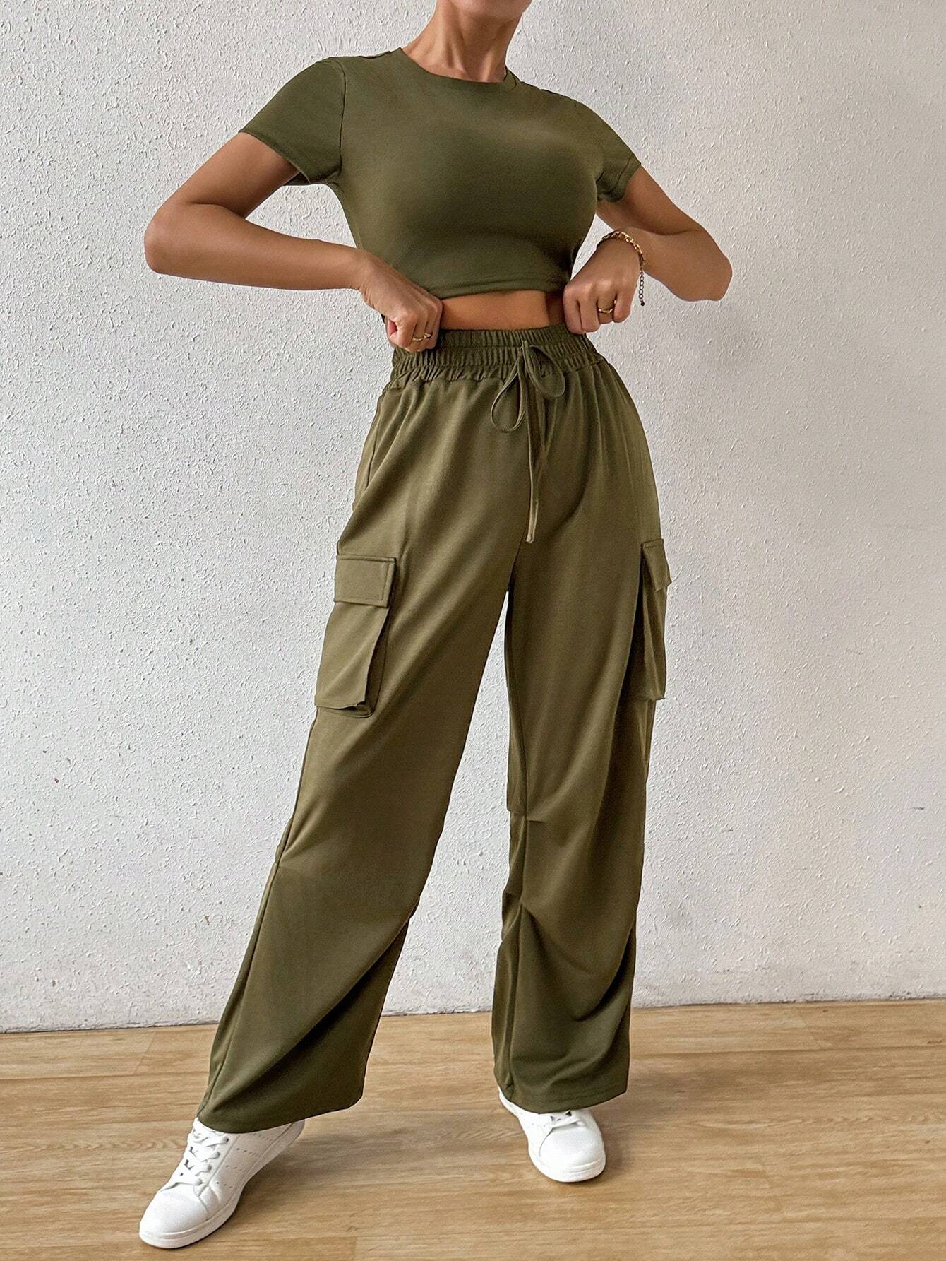 Buy SHEIN Essnce Solid Crop Tee & Flap Pocket Side Drawstring Waist Cargo Pants in Pakistan