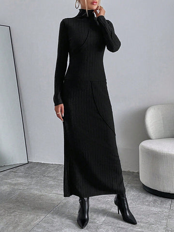 Buy SHEIN Essnce Solid High Neck Tee & Ribbed Skirt in Pakistan