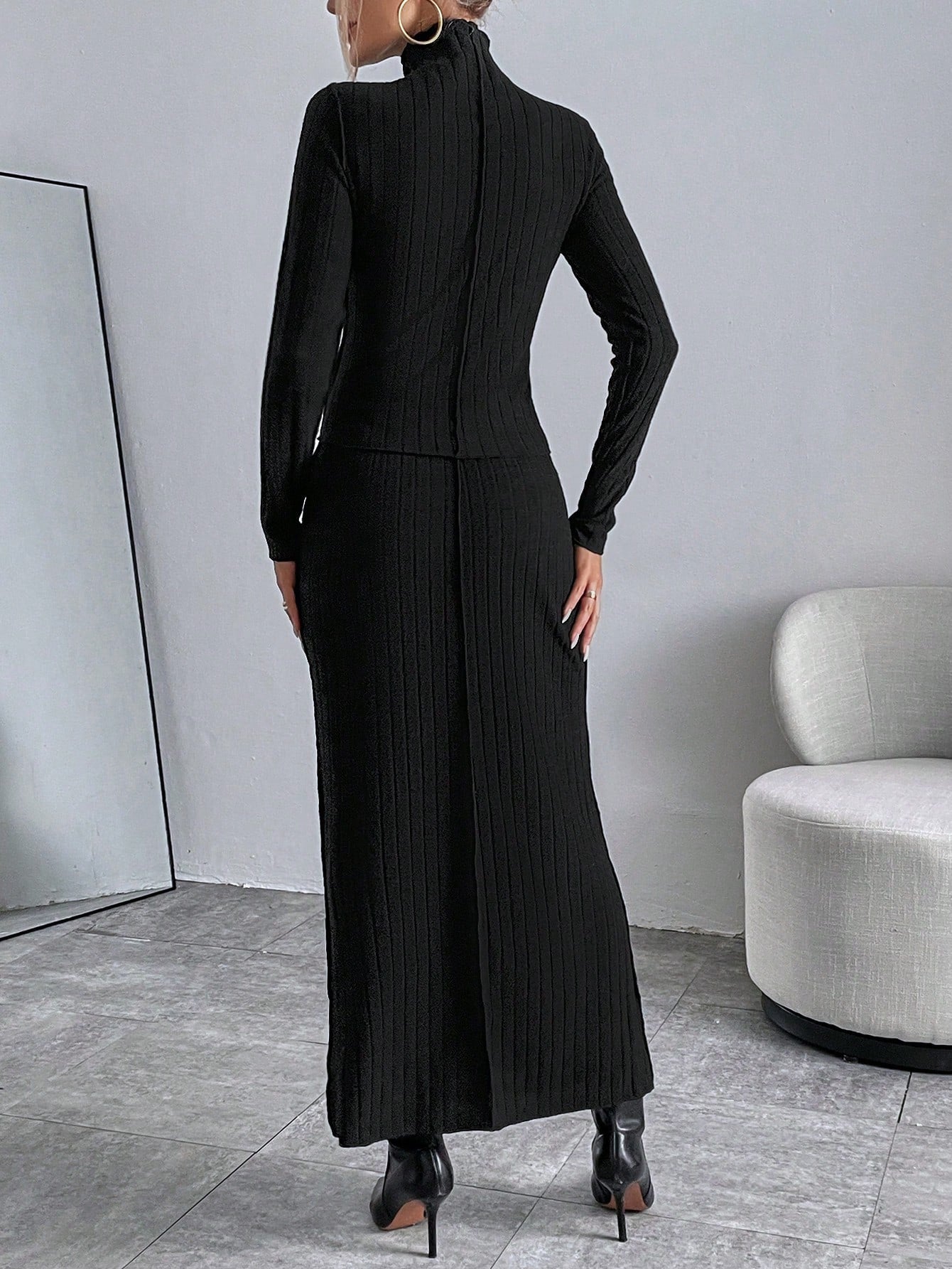 Buy SHEIN Essnce Solid High Neck Tee & Ribbed Skirt in Pakistan