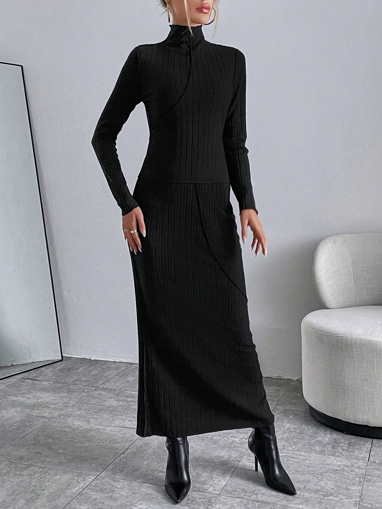 Buy SHEIN Essnce Solid High Neck Tee & Ribbed Skirt in Pakistan