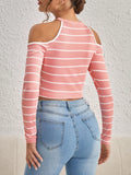 Buy SHEIN Essnce Striped Print Cold Shoulder Tee in Pakistan