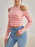 Buy SHEIN Essnce Striped Print Cold Shoulder Tee in Pakistan