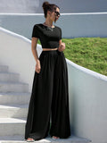 Buy SHEIN Essnce Solid Slim Fit Crop Tee & Fold Pleated Wide Leg Pants in Pakistan