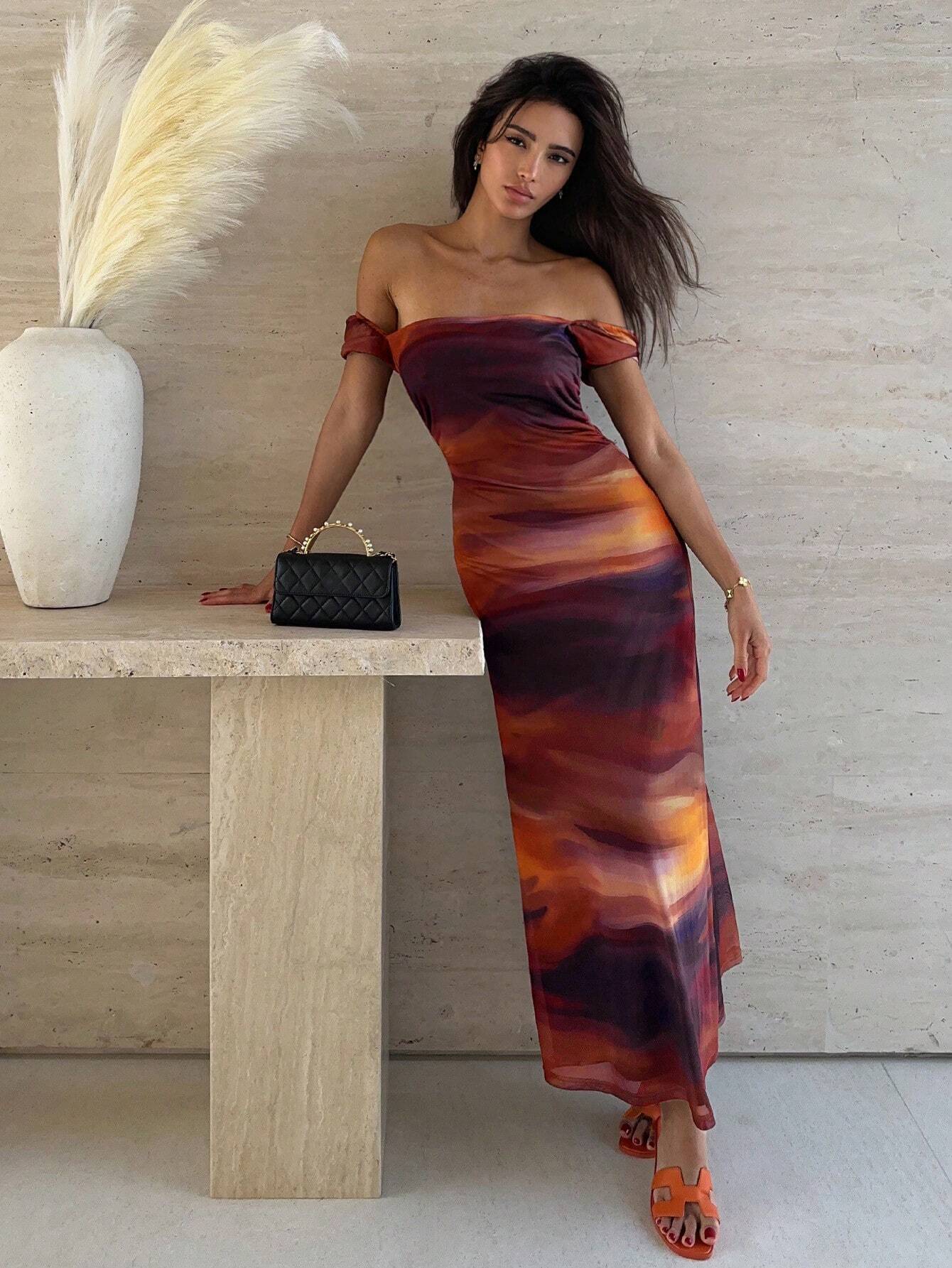 Buy SHEIN Essnce Summer Tie-Dye Pleated Dress With Asymmetric Neckline in Pakistan
