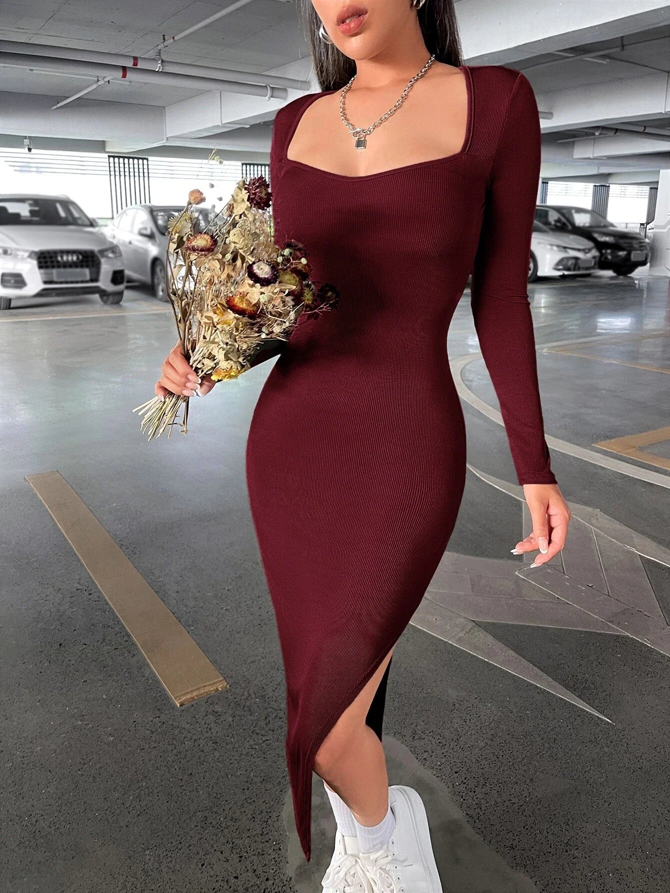 Buy SHEIN Essnce Sweetheart Neck Split Thigh Women Bodycon Dress in Pakistan