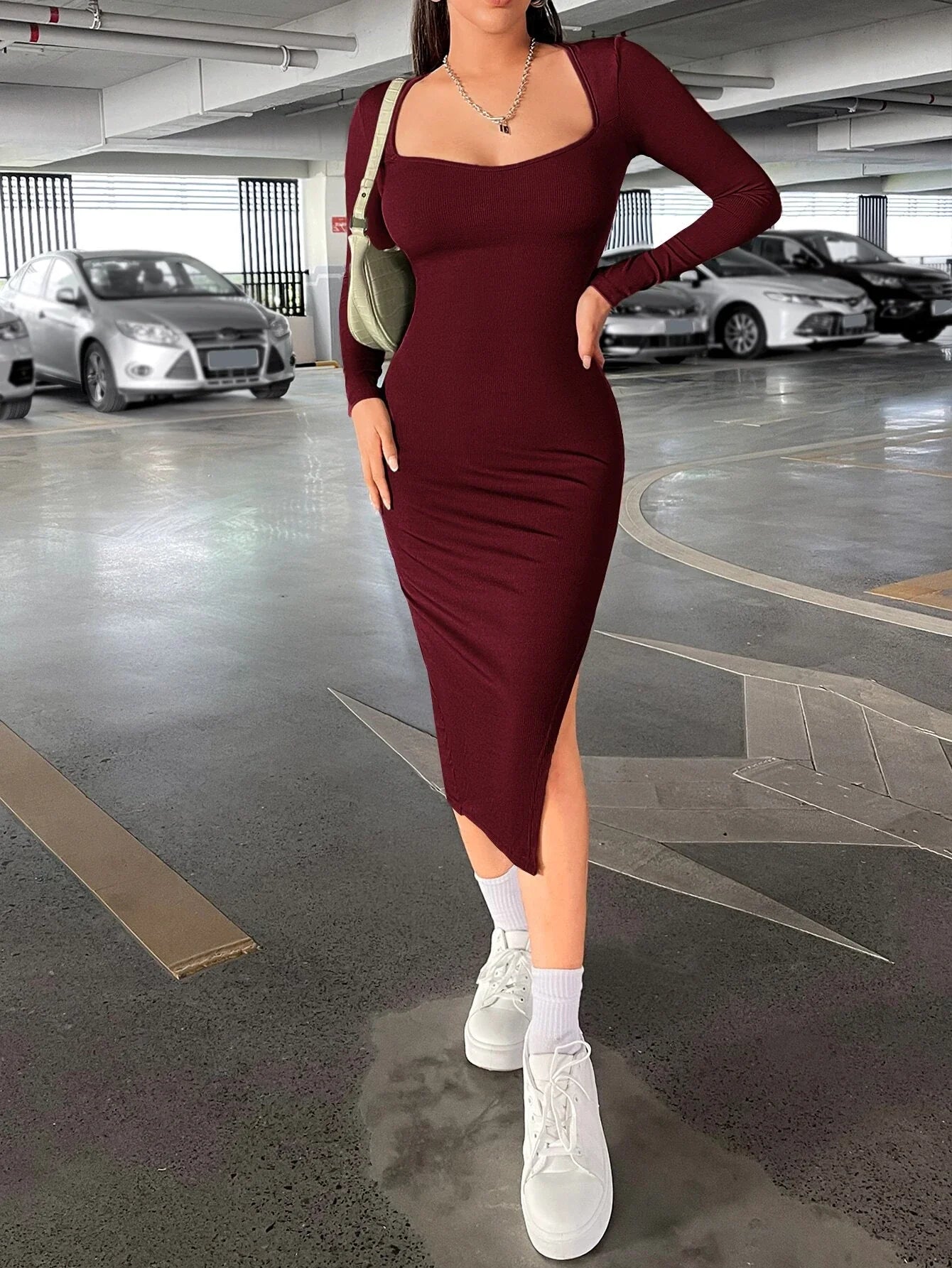 Buy SHEIN Essnce Sweetheart Neck Split Thigh Women Bodycon Dress in Pakistan