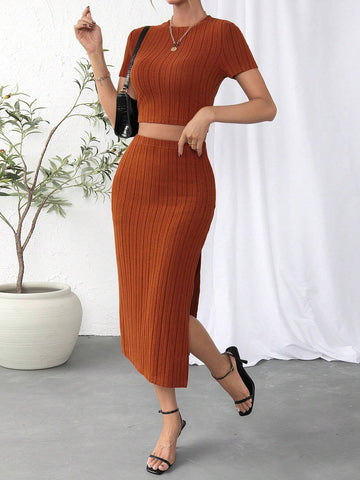 Buy SHEIN Essnce Women Knitted Short Sleeve T-Shirt & Knitted Skirt Set, 2 Pieces in Pakistan