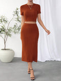 Buy SHEIN Essnce Women Knitted Short Sleeve T-Shirt & Knitted Skirt Set, 2 Pieces in Pakistan