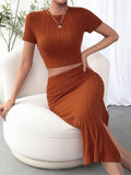 Buy SHEIN Essnce Women Knitted Short Sleeve T-Shirt & Knitted Skirt Set, 2 Pieces in Pakistan