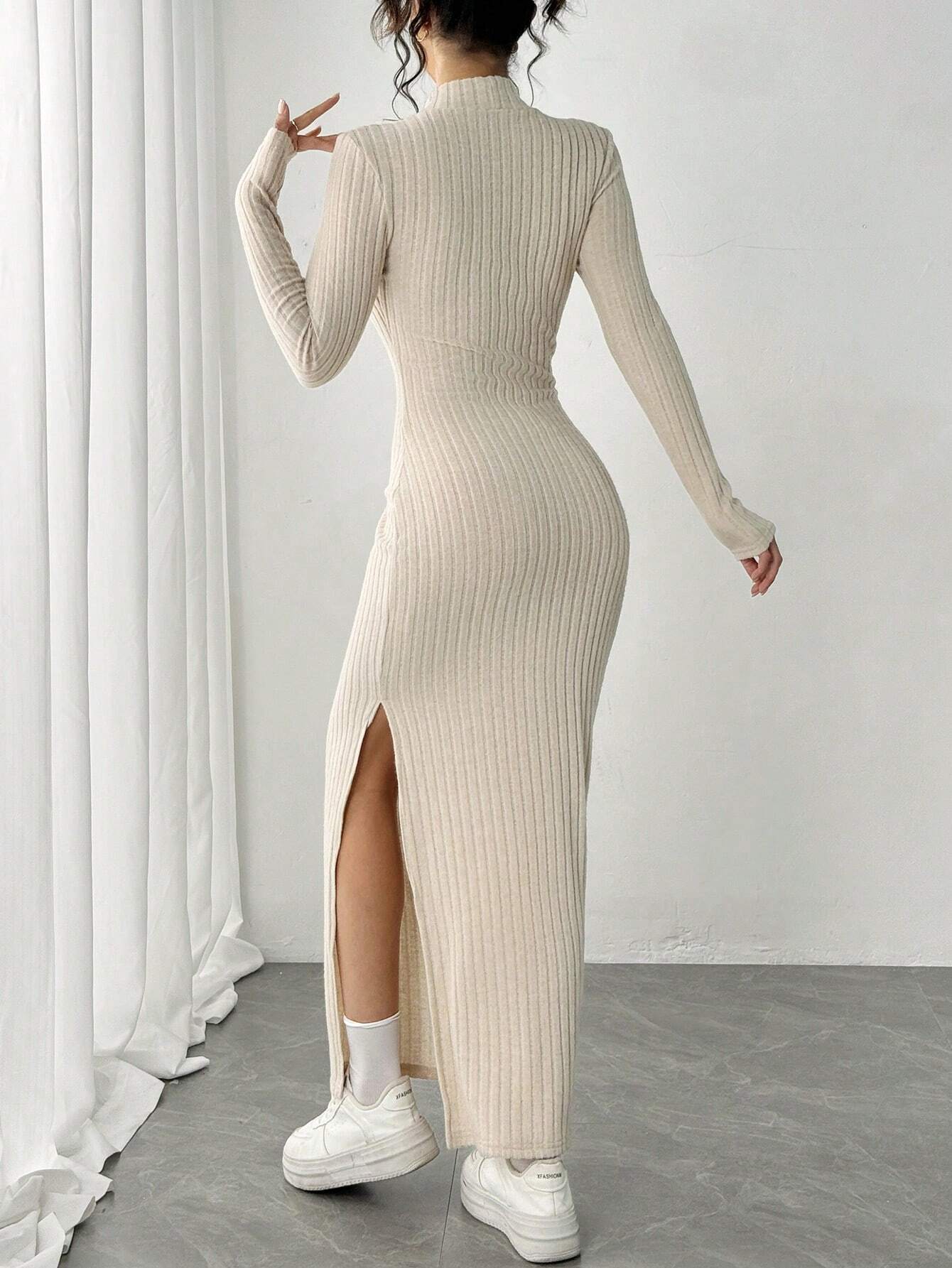 SHEIN Essnce Women Long Side Slit High Neck Long Sleeve Dress SHEIN Essnce Women Long Side Slit High Neck Long Sleeve Dress