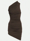 Buy SHEIN Essnce Women Plain Asymmetrical Collar Pleated Summer Sleeveless Dress in Pakistan
