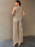 Buy SHEIN Essnce Women's Button Front Sleeveless Top And Wide Leg Pants 2pcs/Set in Pakistan