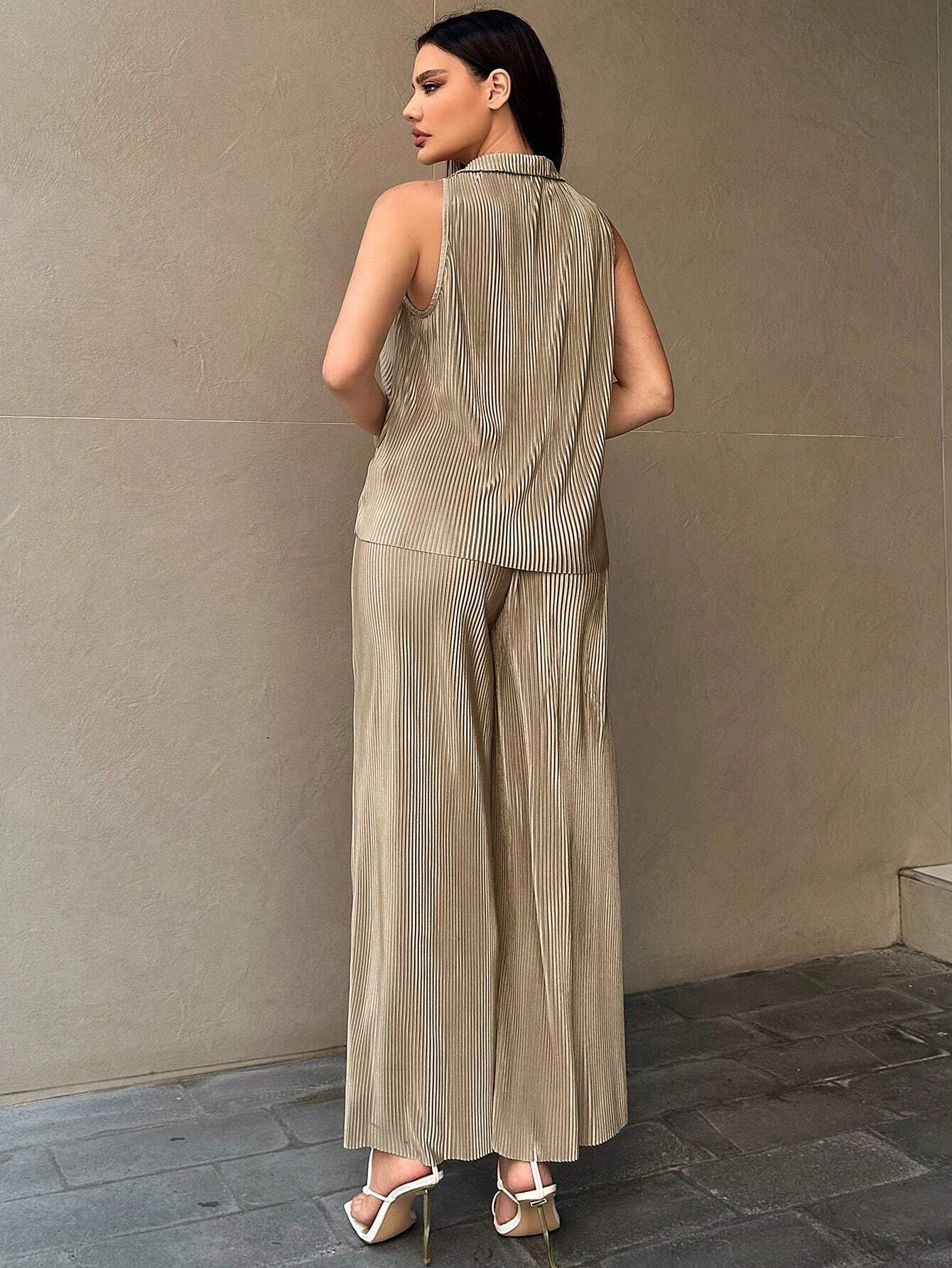 Buy SHEIN Essnce Women's Button Front Sleeveless Top And Wide Leg Pants 2pcs/Set in Pakistan