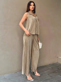 Buy SHEIN Essnce Women's Button Front Sleeveless Top And Wide Leg Pants 2pcs/Set in Pakistan