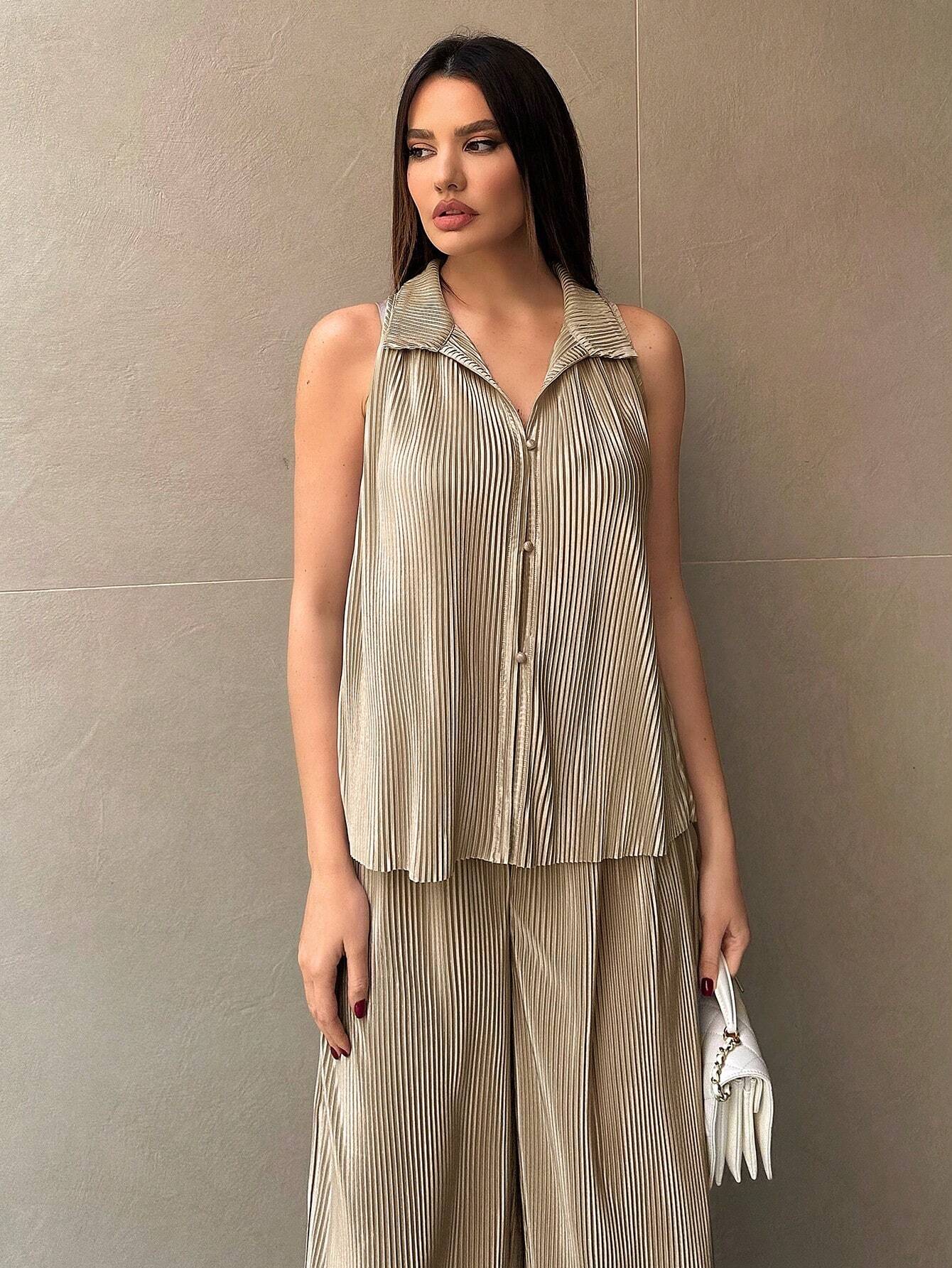 Buy SHEIN Essnce Women's Button Front Sleeveless Top And Wide Leg Pants 2pcs/Set in Pakistan