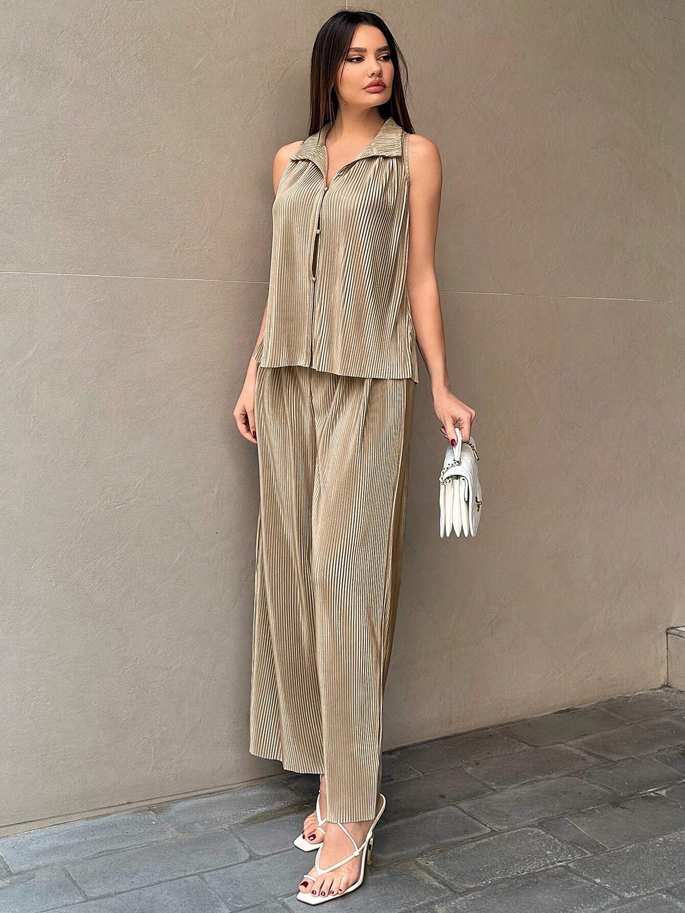Buy SHEIN Essnce Women's Button Front Sleeveless Top And Wide Leg Pants 2pcs/Set in Pakistan