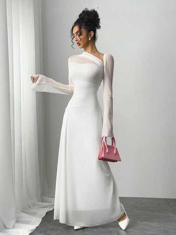 Buy SHEIN Essnce Women's Solid Color Mesh Patchwork Asymmetrical Collar Long Sleeve Elegant Dress For Wedding in Pakistan