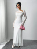 Buy SHEIN Essnce Women's Solid Color Mesh Patchwork Asymmetrical Collar Long Sleeve Elegant Dress For Wedding in Pakistan