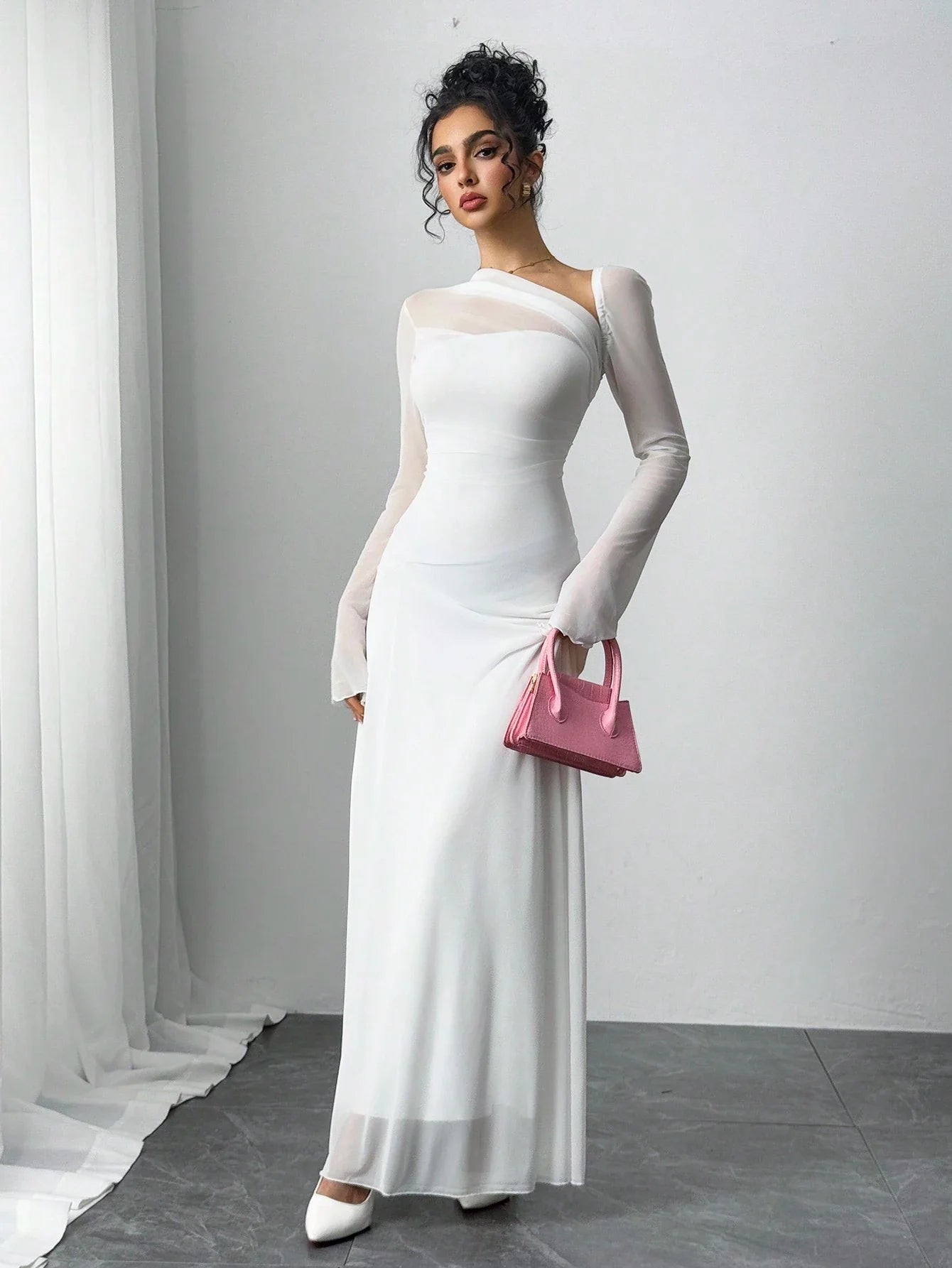 Buy SHEIN Essnce Women's Solid Color Mesh Patchwork Asymmetrical Collar Long Sleeve Elegant Dress For Wedding in Pakistan