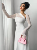Buy SHEIN Essnce Women's Solid Color Mesh Patchwork Asymmetrical Collar Long Sleeve Elegant Dress For Wedding in Pakistan