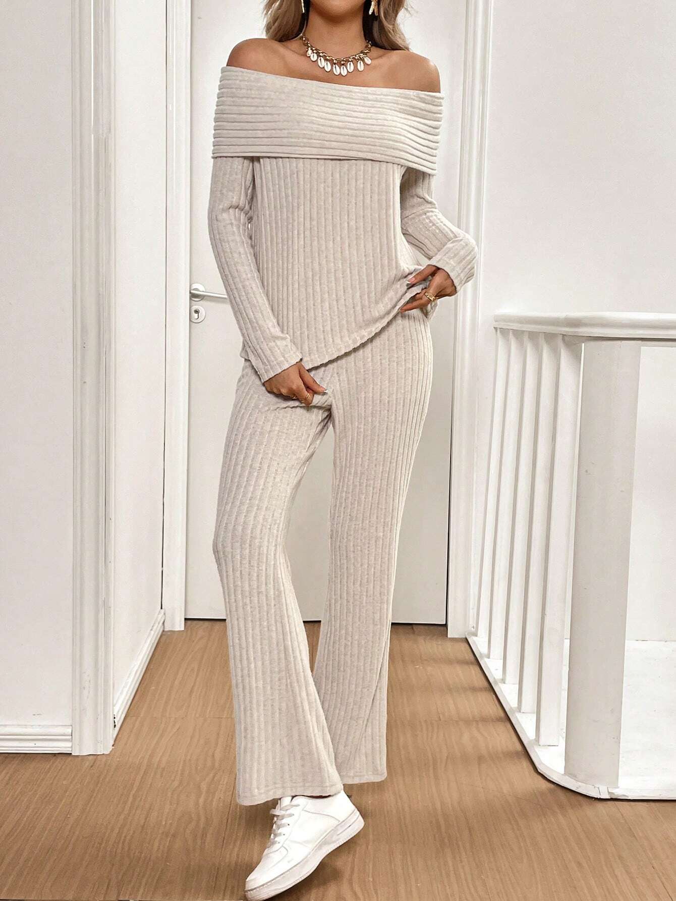 Buy SHEIN Frenchy 2pcs/Set Women Open Shoulder Long Sleeve Top And Textured Fabric Pants in Pakistan