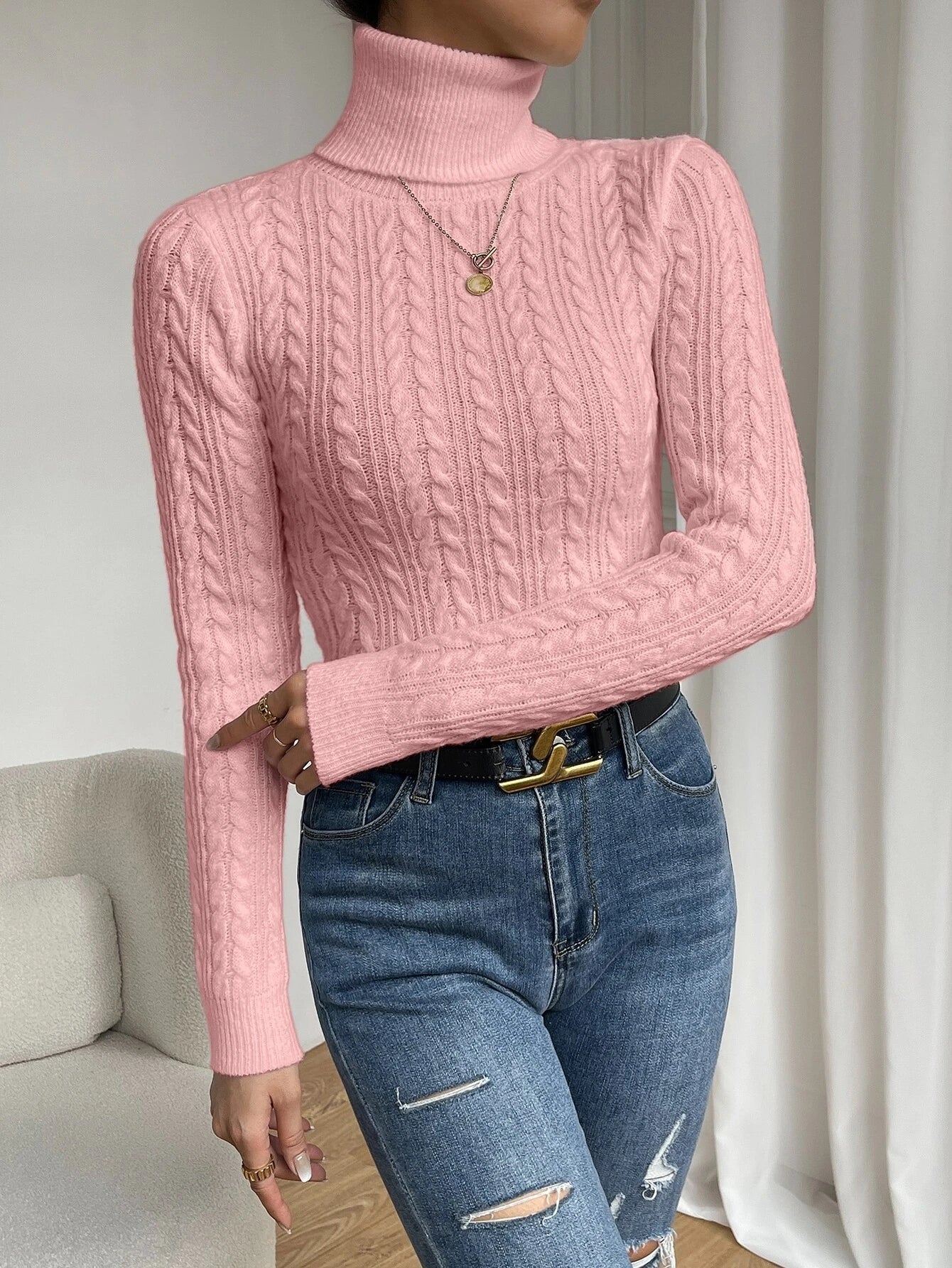 Buy SHEIN Frenchy Cable Knit Turtleneck Sweater in Pakistan