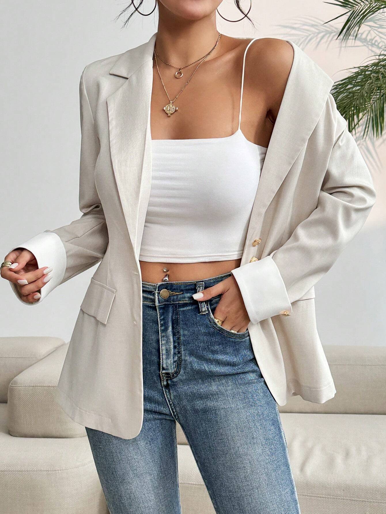Buy SHEIN Frenchy Color Block Pleated Cuff Slightly Slim Fit Commute & Casual Blazer in Pakistan