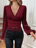 Buy SHEIN Frenchy Contrast Lace Trim Lantern Sleeve Crop Top in Pakistan