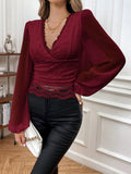 Buy SHEIN Frenchy Contrast Lace Trim Lantern Sleeve Crop Top in Pakistan