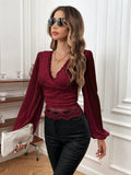 Buy SHEIN Frenchy Contrast Lace Trim Lantern Sleeve Crop Top in Pakistan