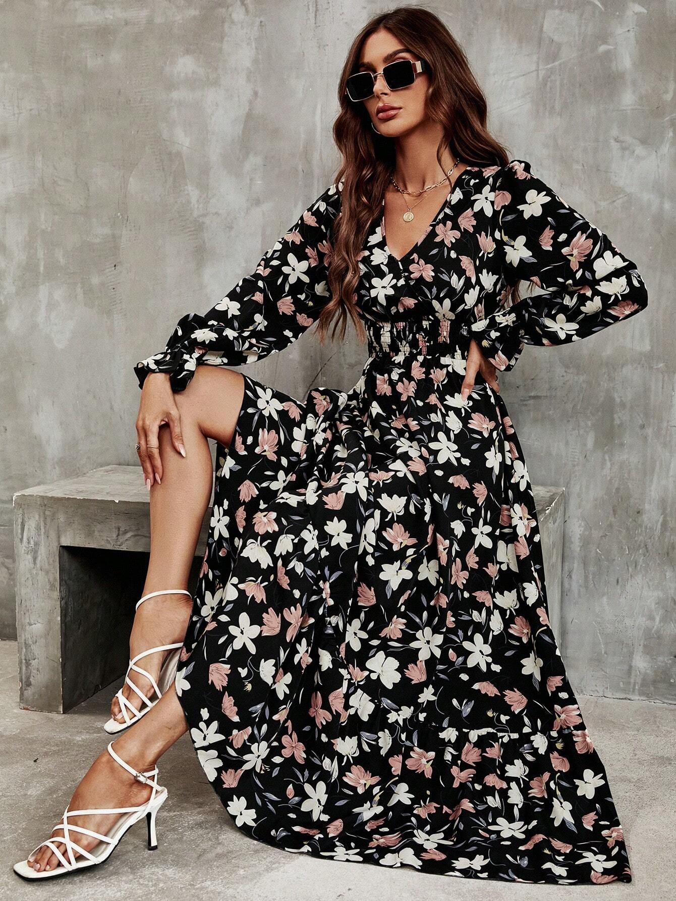 Buy SHEIN Frenchy Floral Print Flounce Sleeve Ruffle Hem Dress in Pakistan