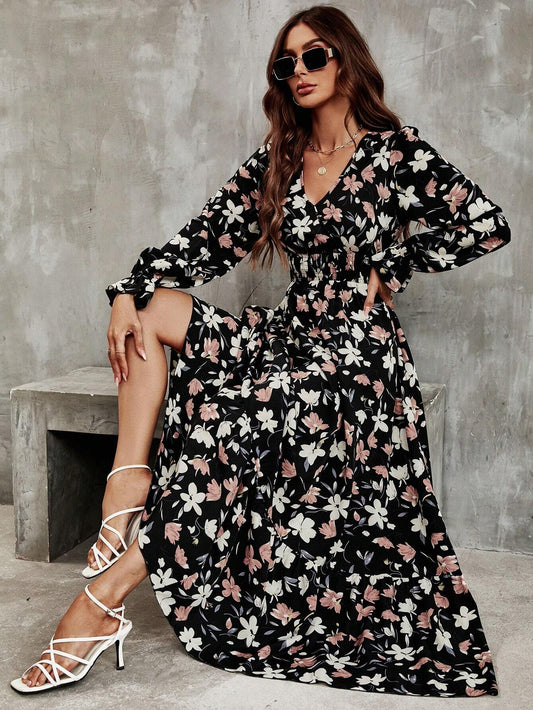 Buy SHEIN Frenchy Floral Print Flounce Sleeve Ruffle Hem Dress in Pakistan