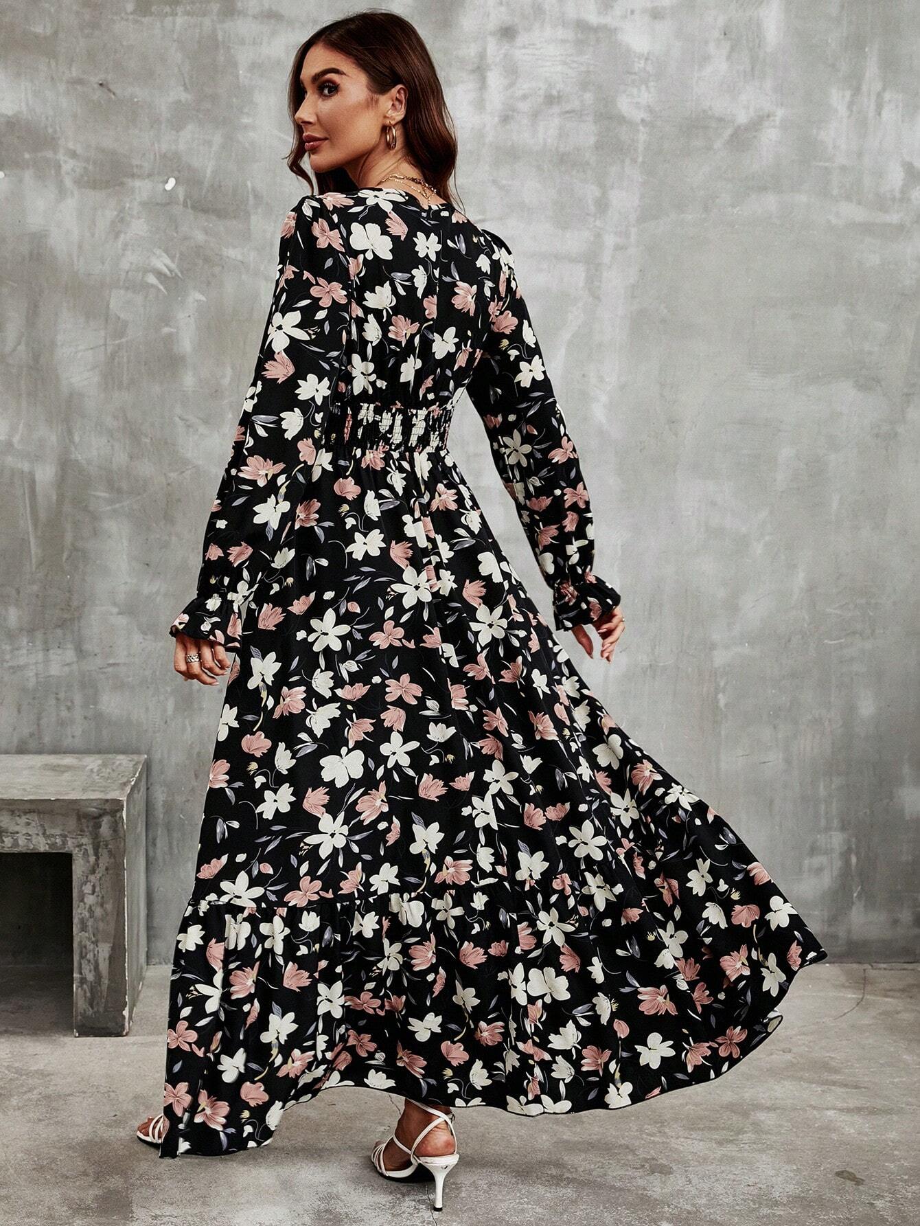 Buy SHEIN Frenchy Floral Print Flounce Sleeve Ruffle Hem Dress in Pakistan