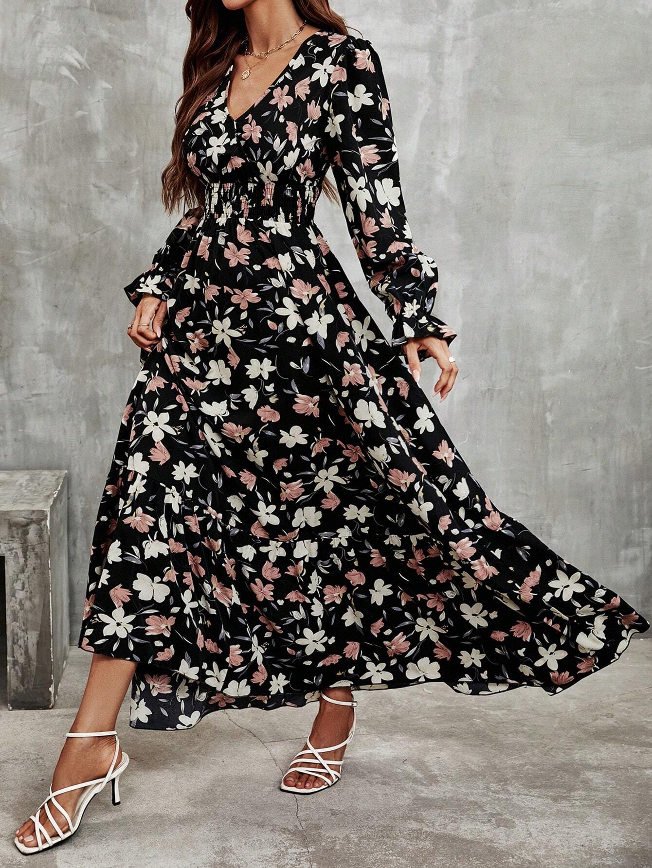 Buy SHEIN Frenchy Floral Print Flounce Sleeve Ruffle Hem Dress in Pakistan