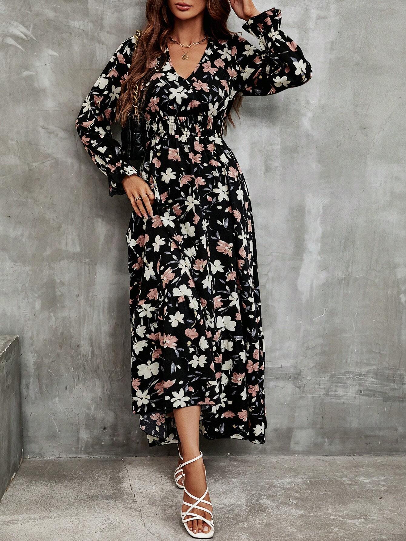 Buy SHEIN Frenchy Floral Print Flounce Sleeve Ruffle Hem Dress in Pakistan