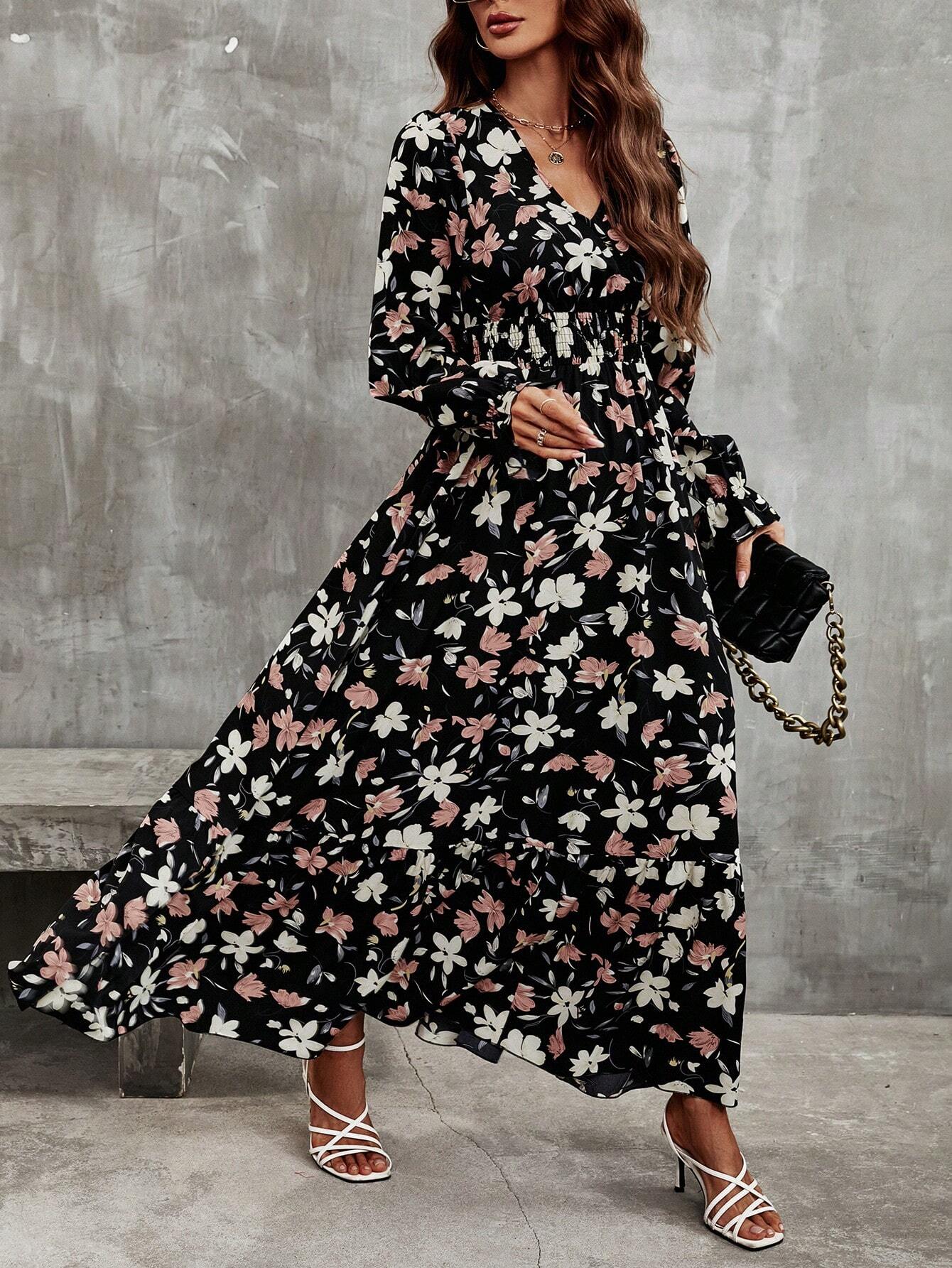 Buy SHEIN Frenchy Floral Print Flounce Sleeve Ruffle Hem Dress in Pakistan